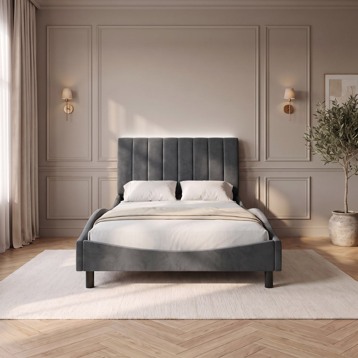 Sommier en velours avec LED, tête de lit fine, gris foncé, vue de face dans une chambre