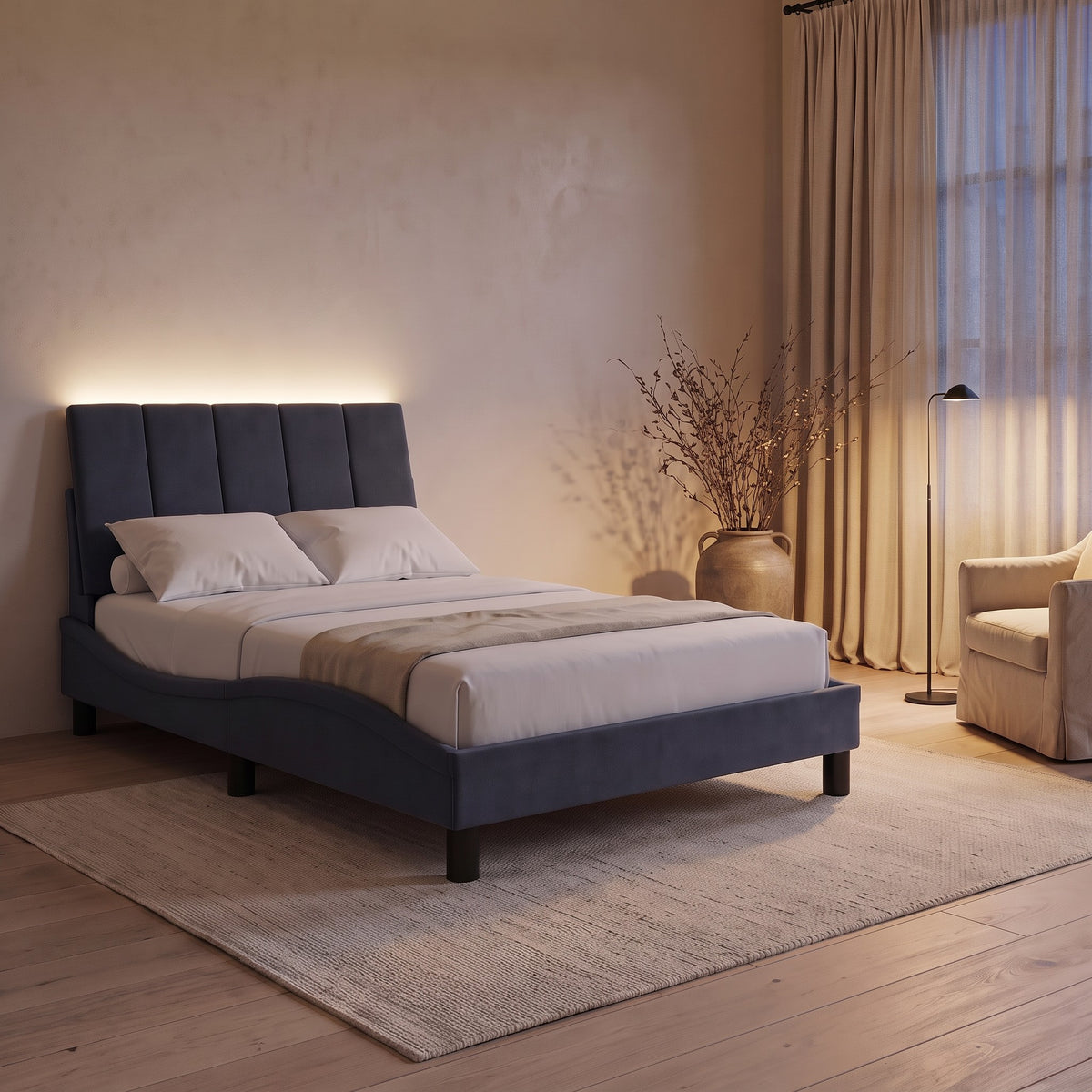 Sommier en velours avec LED, tête de lit fine, gris foncé, chambre de nuit #Couleur_Gris foncé