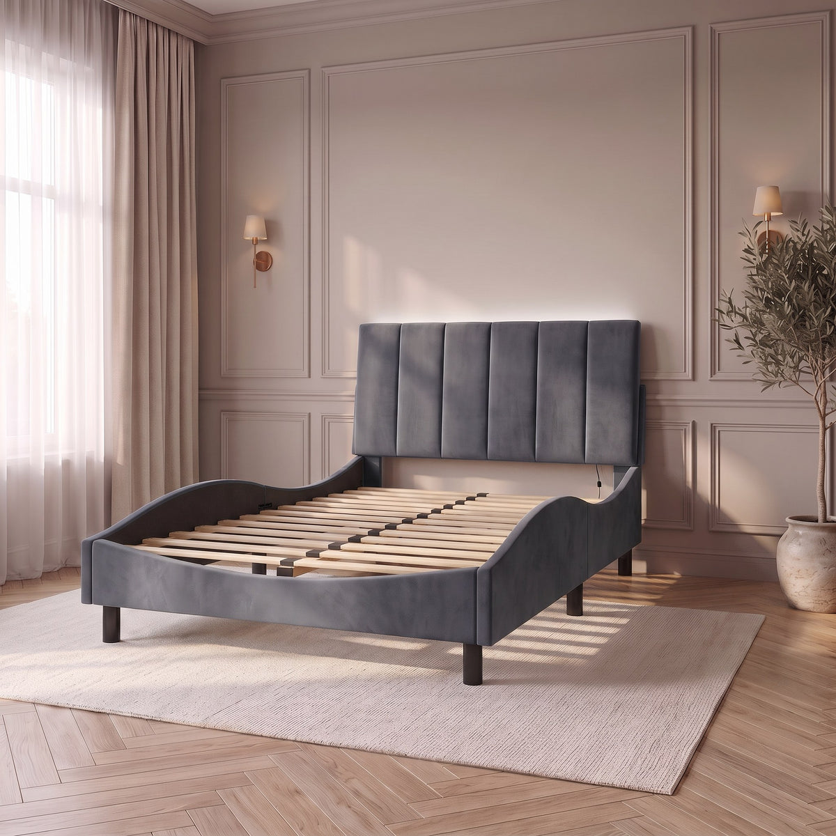 Sommier en velours avec LED, tête de lit fine, gris foncé, sans matelas : sommier à lattes visible