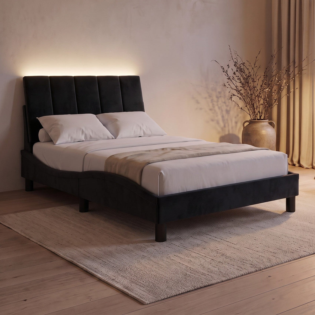 Sommier en velours avec LED, tête de lit fine, noir, chambre de nuit