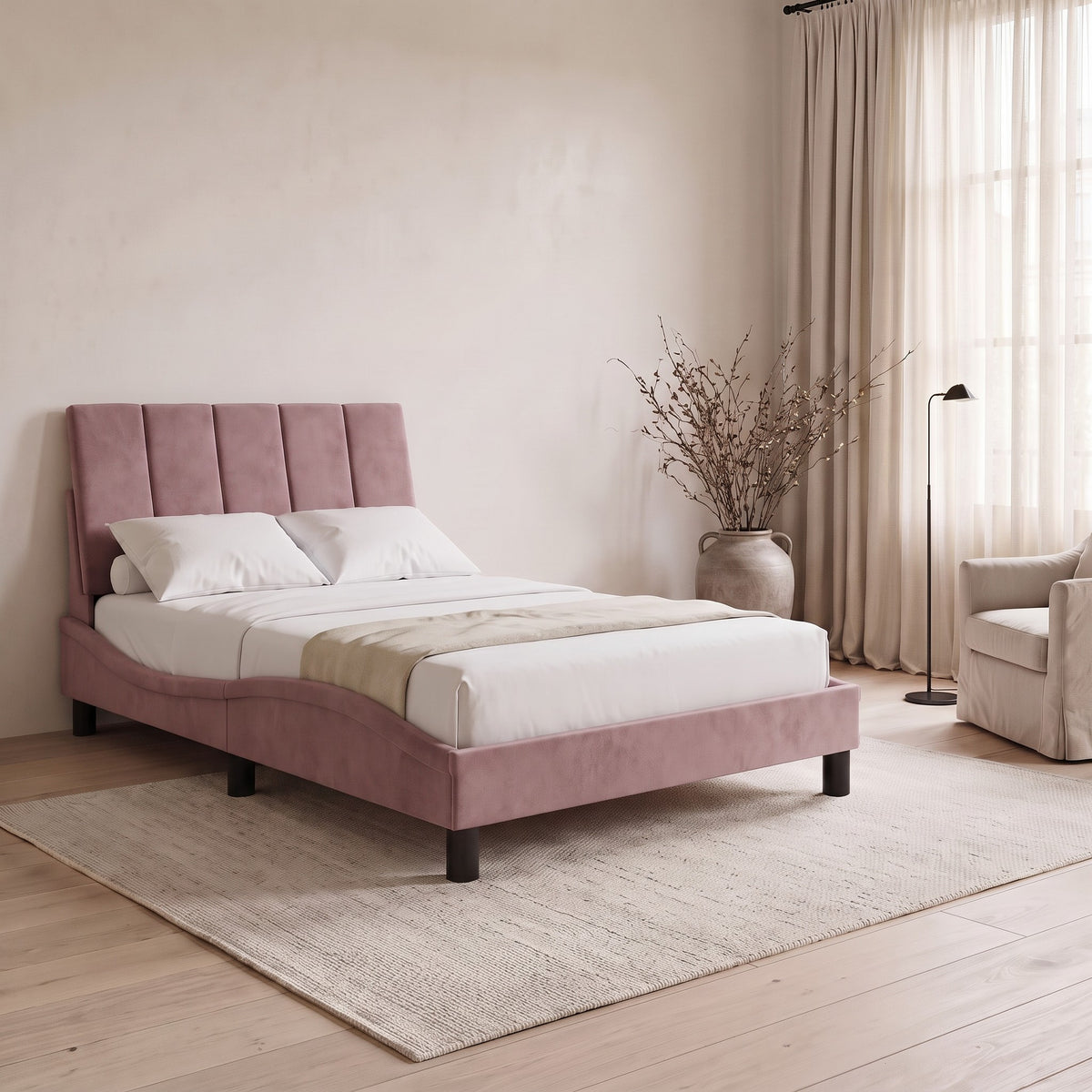 Sommier en velours avec LED, tête de lit fine, rose, chambre de jour