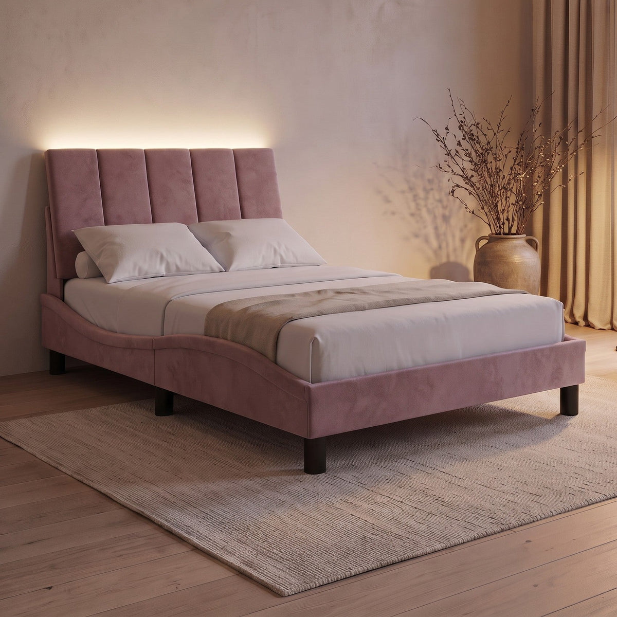 Sommier en velours avec LED, tête de lit fine, rose, chambre de nuit