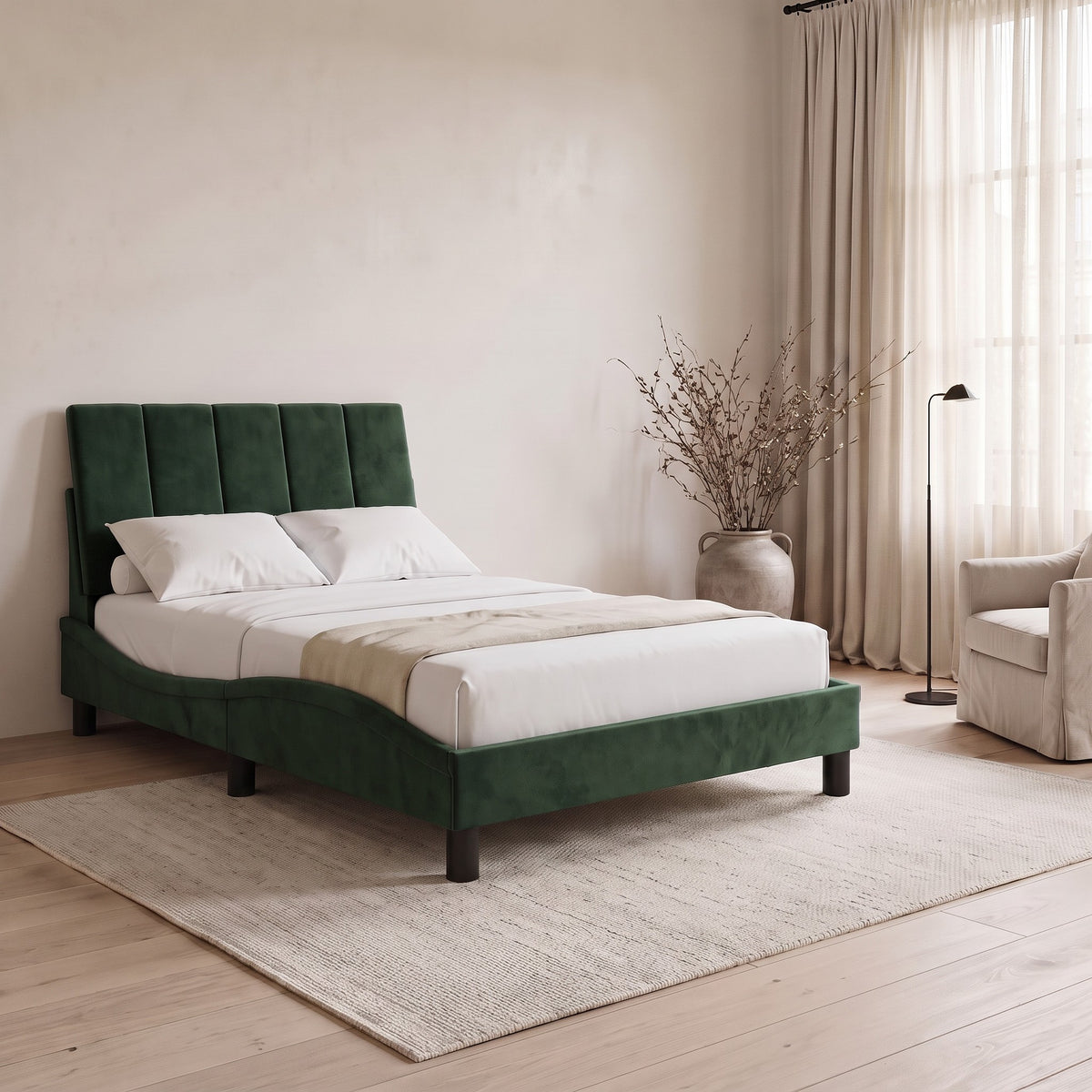 Sommier en velours avec LED, tête de lit fine, vert foncé, chambre de jour