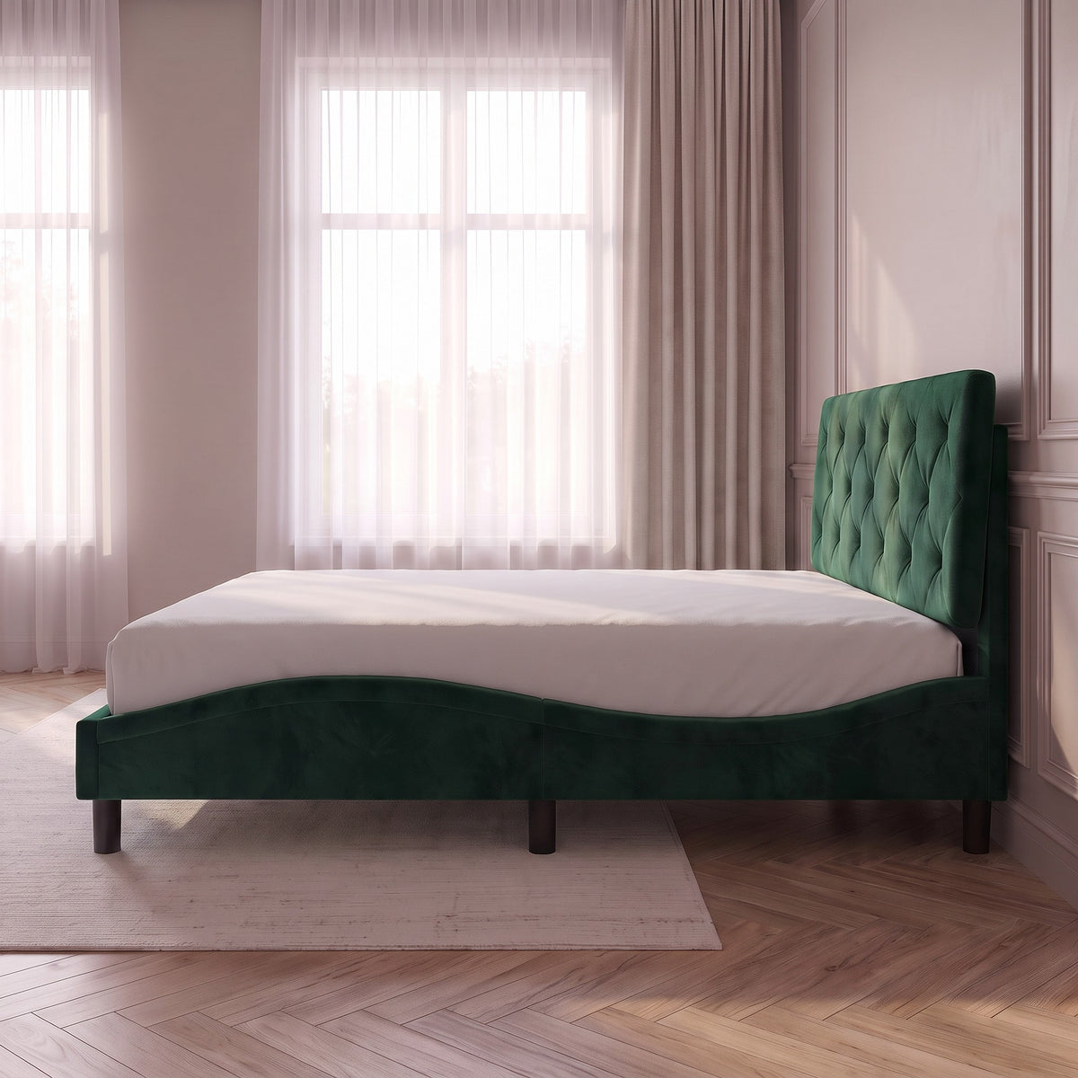 Sommier en velours avec éclairage LED vert foncé, vue de côté