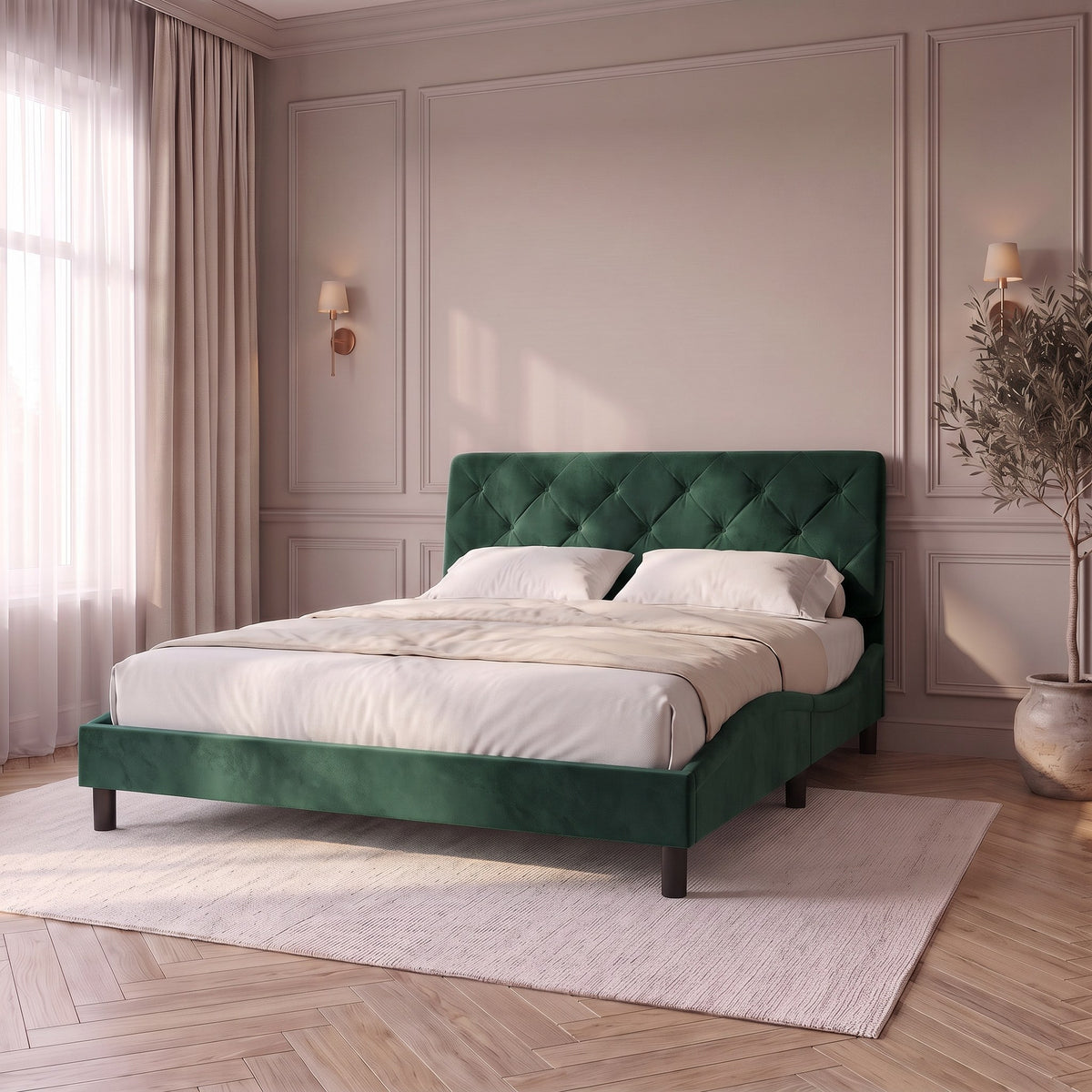 Sommier en velours avec éclairage LED vert foncé, chambre de jour