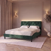 Sommier en velours avec éclairage LED vert foncé, chambre de nuit avec la LED du haut de la tête de lit allumée #Couleur_Vert foncé